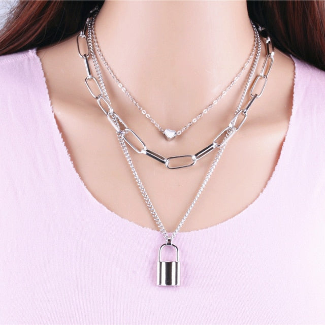 Multi Layer Heart Lock Pendant Necklace - Necklace - Altanze